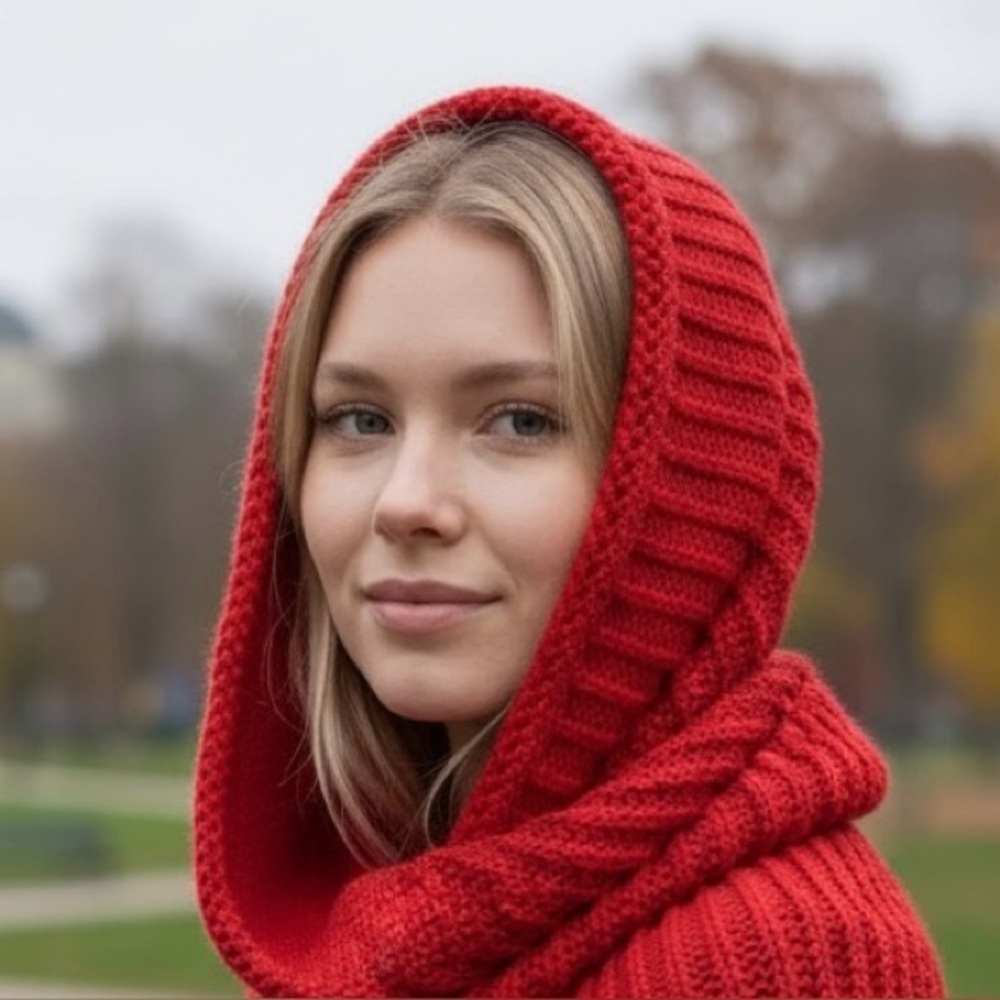 Hooded Cowl Hand Crafted Red Stripes Monochrome Knit